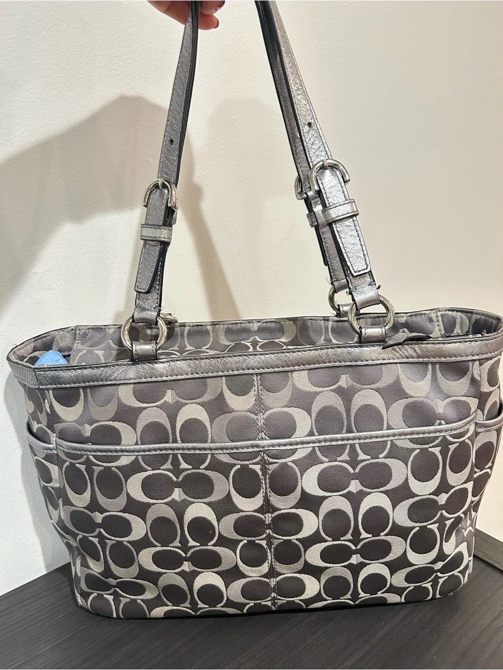 Coach  F17676 Gray Signature Jacquard East West Tote Bag w Metallic Leather Trim